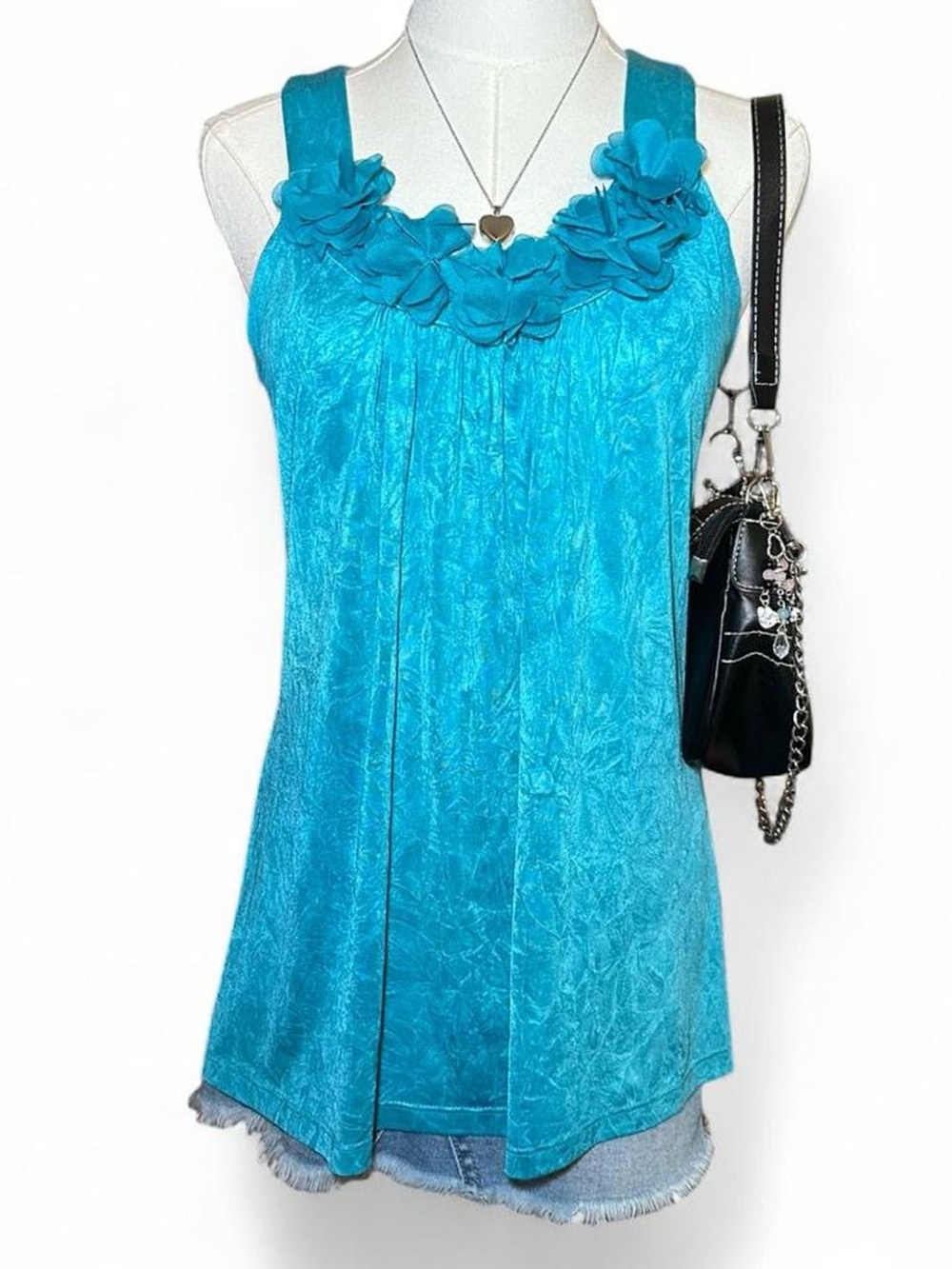 Y2K Iz Byer Turquoise Blue Floral-Trim Crinkle Tank Fairycore Mermaidcore